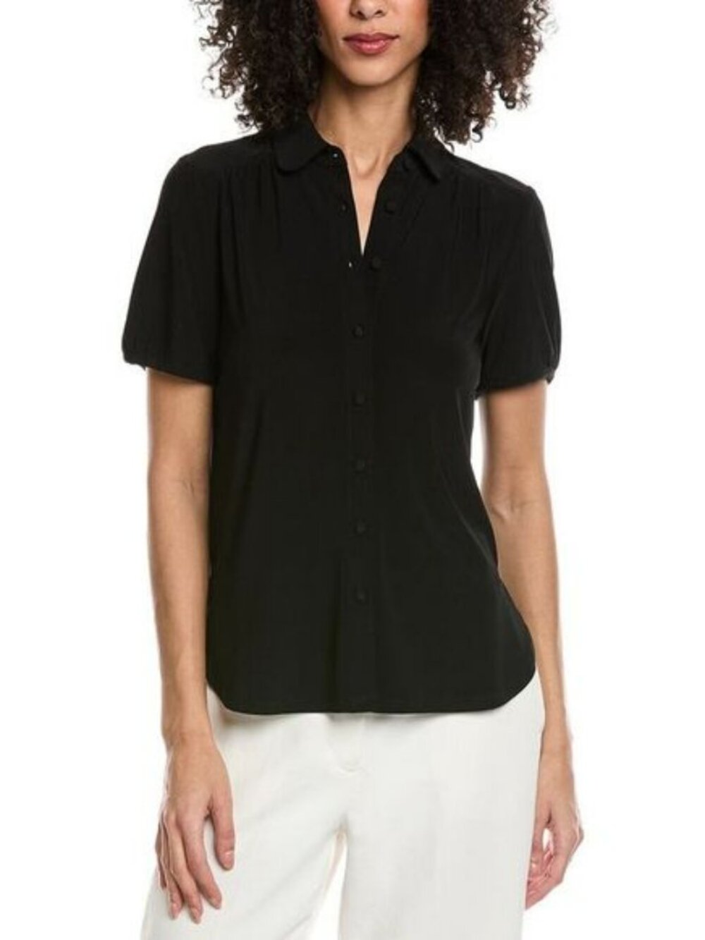 Anne Klein Womens  Petite Button Front Collared Top, Black
